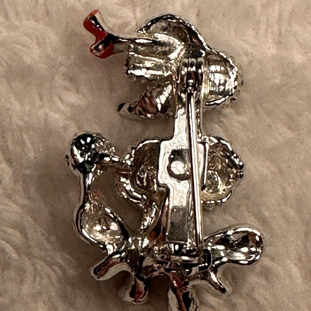 French Poodle Dog Pin Brooch Silver-tone Red Bow Vintage - Picture 6 of 6